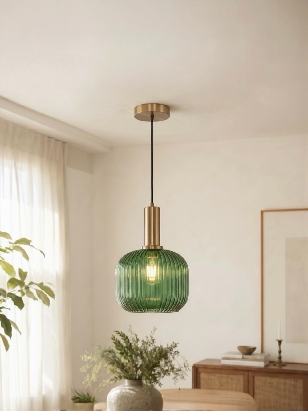 NEW West Elm Vintage Retro Green Glass Globe Hanging Gold Pendant Light Fixture